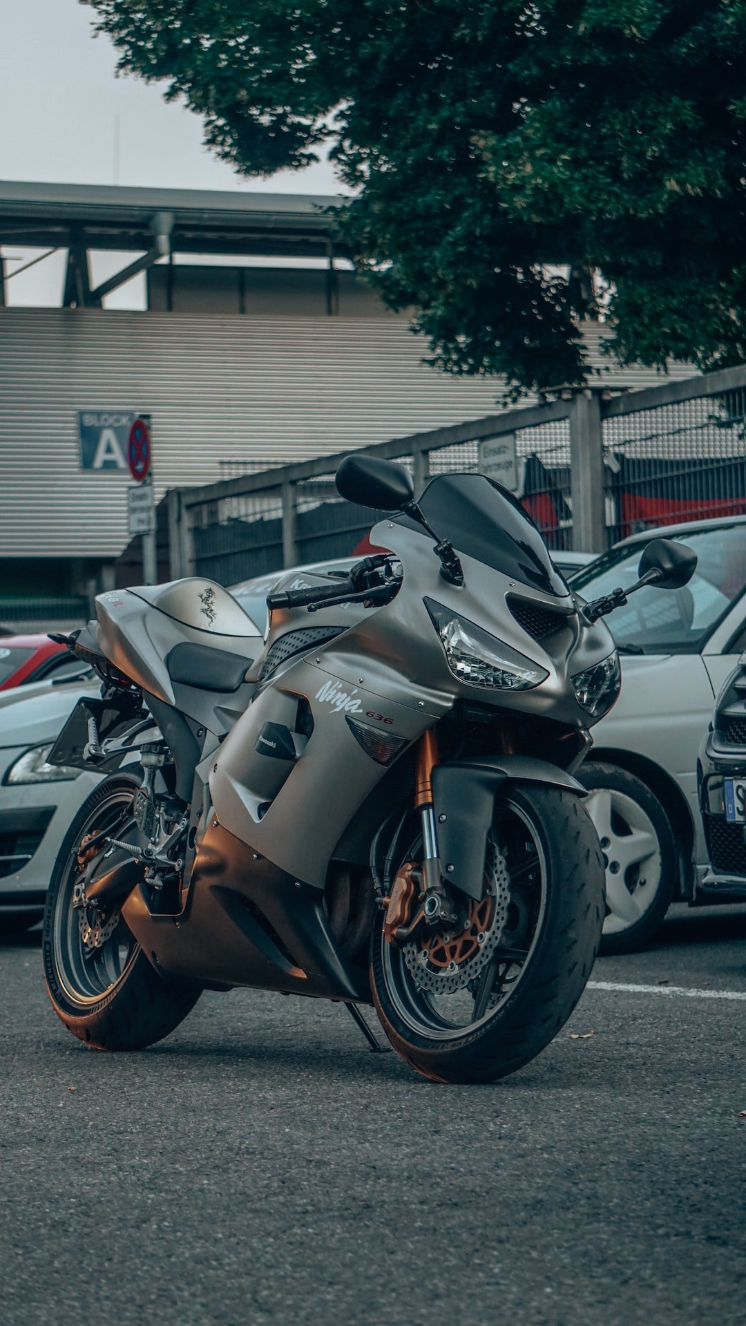 a motorcycle parked in a parking lot